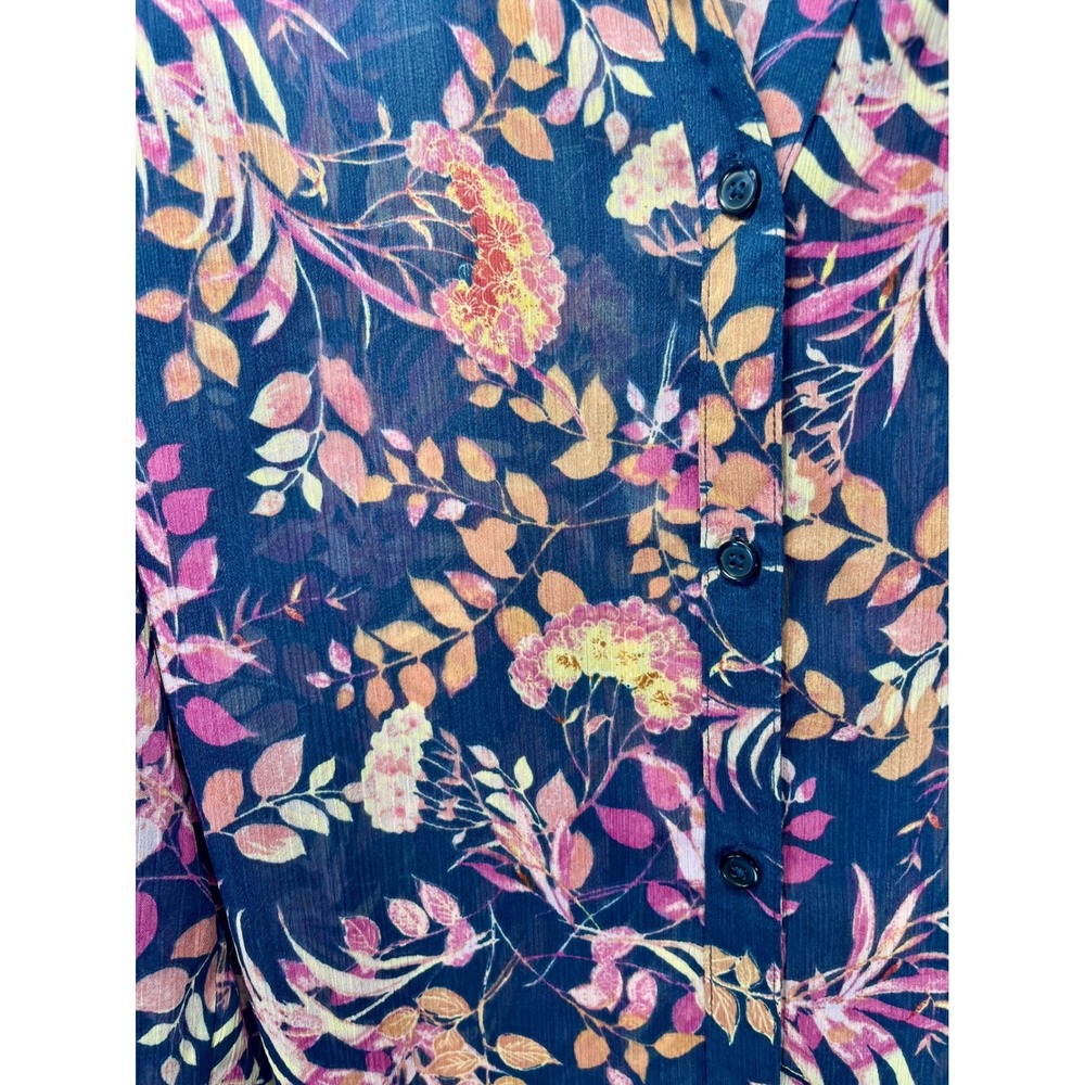 Kut from the Kloth Blouse Women‎ XL Navy Floral Sheer Roll Tab Sleeve V Neck - Picture 9 of 9